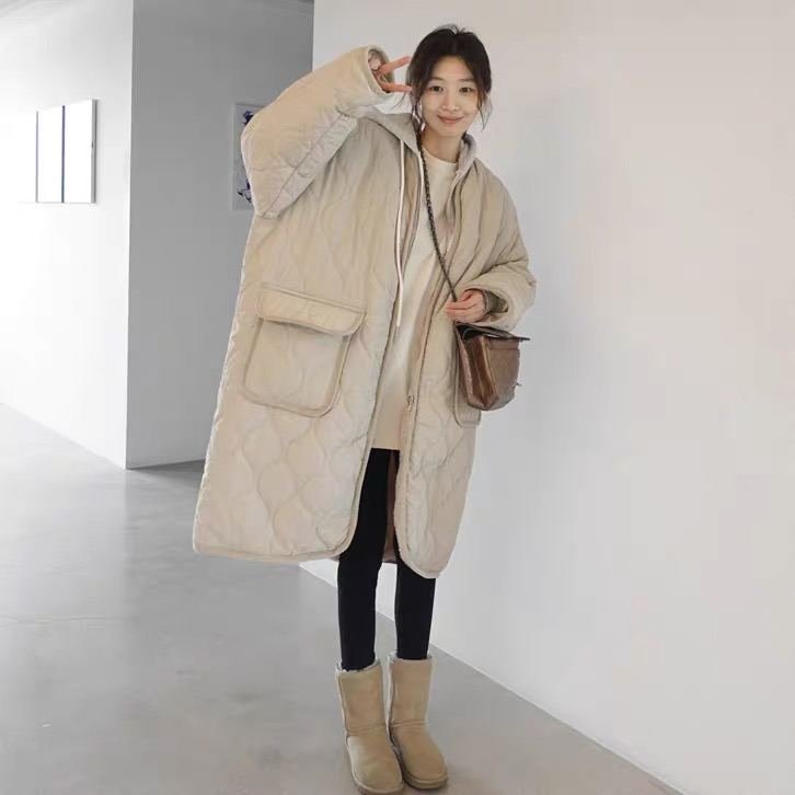 韩国chic 加厚菱形格棉衣女长款过膝宽松棉袄外套