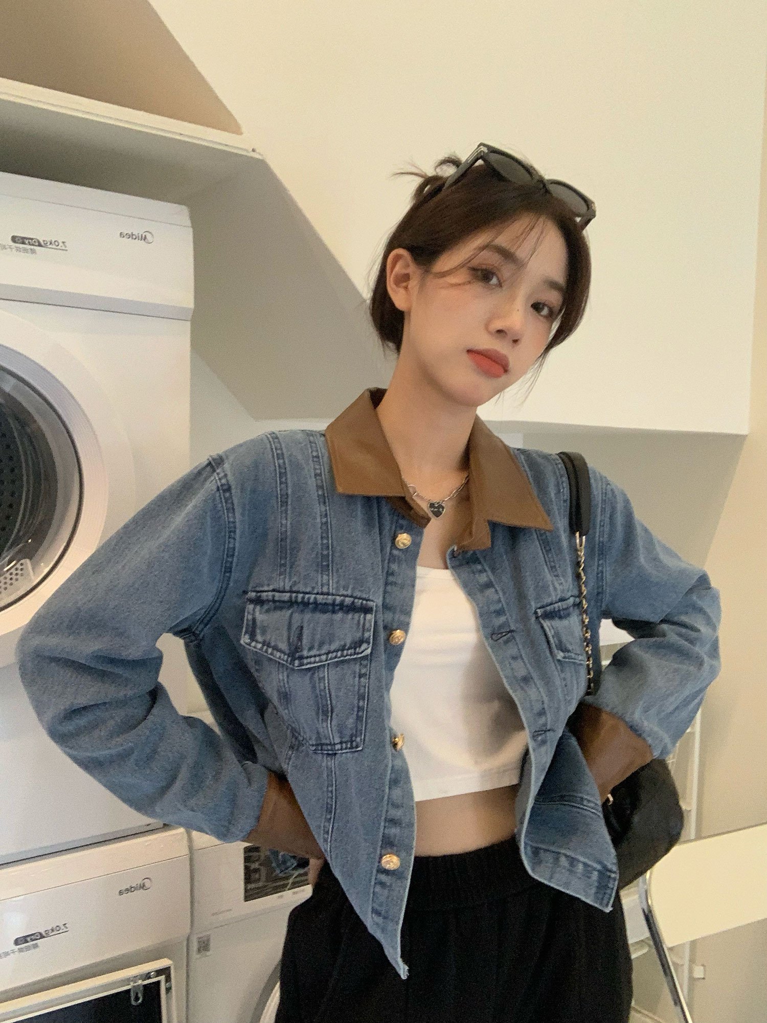 撞色翻领牛仔外套女春秋款设计感小众宽松百搭休闲短款夹克上衣潮