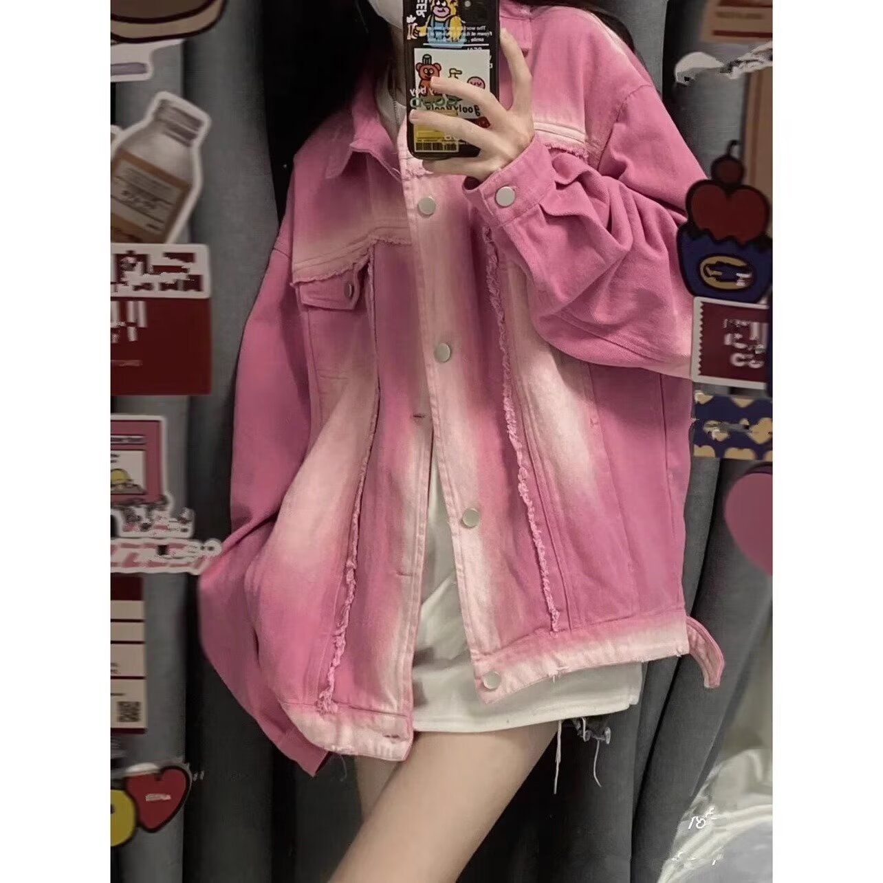 2024春季新款炸街粉色毛边宽松大码牛仔外套女慵懒风夹克上衣