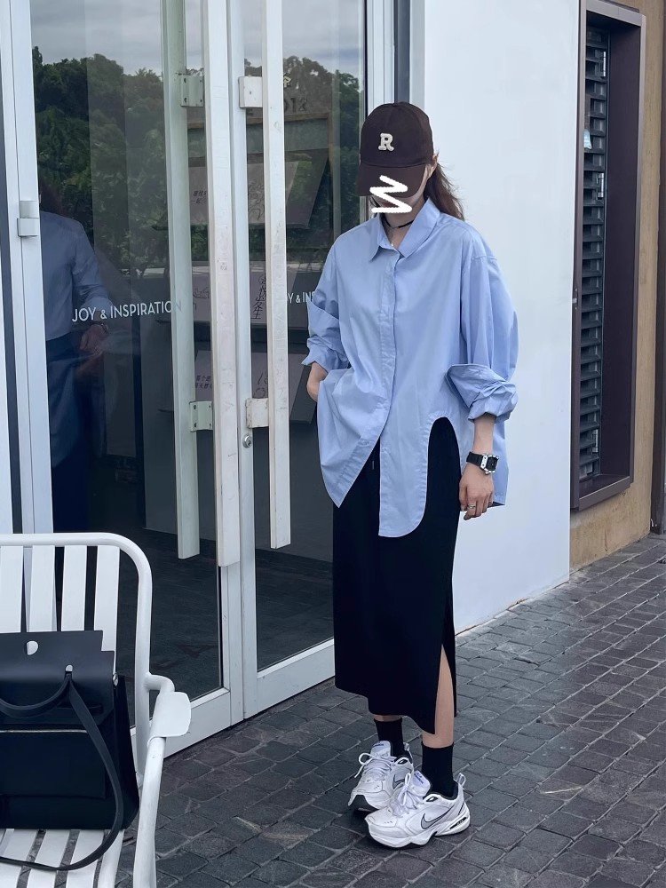 春季搭配一整套韩里韩气通勤穿搭蓝色衬衫外套开叉半身长裙两件套