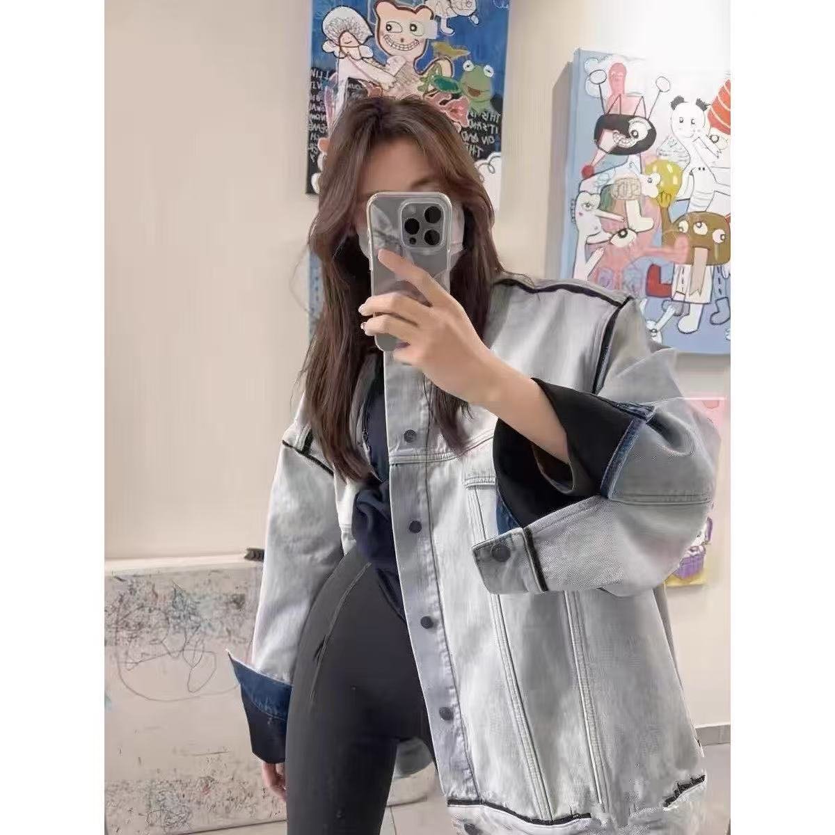 300斤大码胖mm韩版撞色牛仔外套女秋季设计感夹克宽松显瘦上衣潮