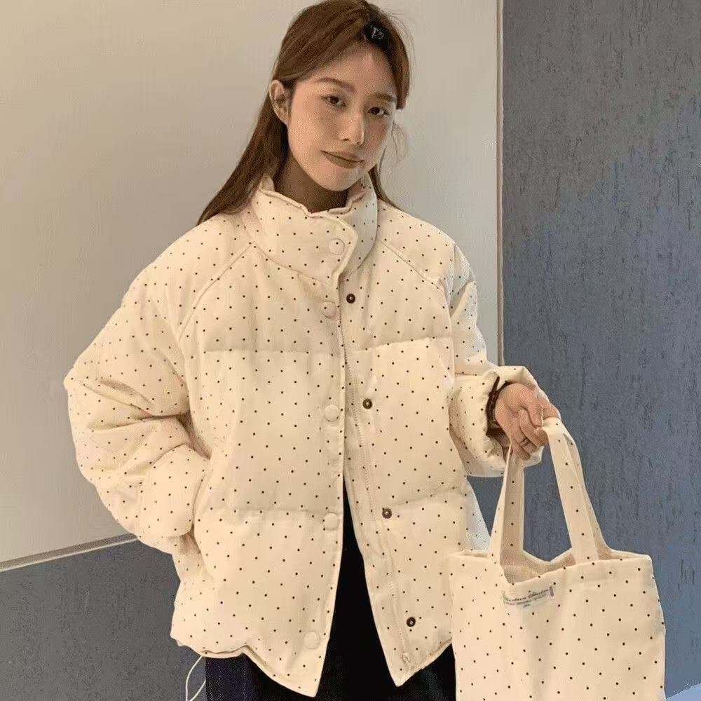 粉色波点甜美风棉服女短款宽松2025冬季新款韩系设计感小个子棉衣