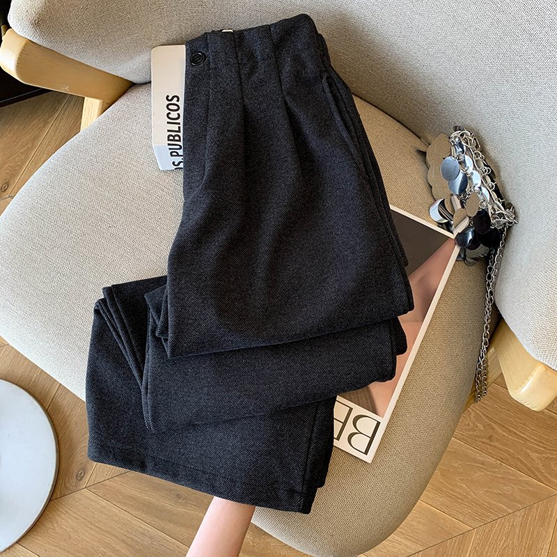 毛呢休闲裤女2025春秋新款高腰显瘦褶皱垂感宽松直筒裤阔腿九分裤
