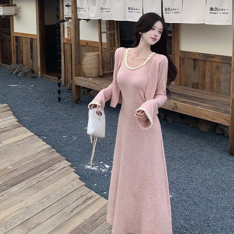 小香风链条吊带针织套装连衣裙女秋冬纯欲风修身A字长裙两件套