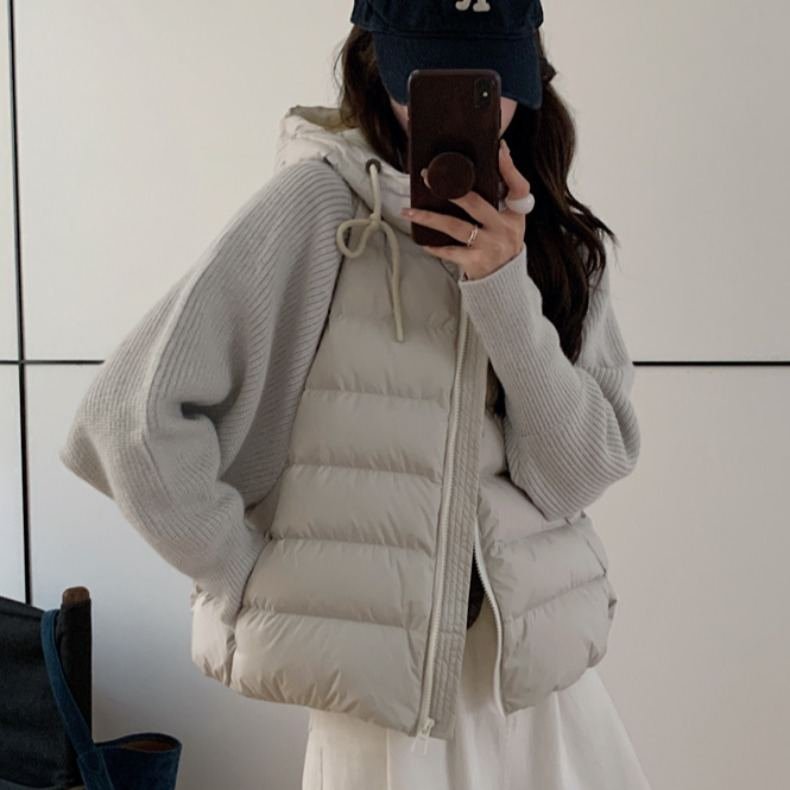 轻薄针织毛衣袖拼接羽绒棉服女短款假两件2025冬季新款外套