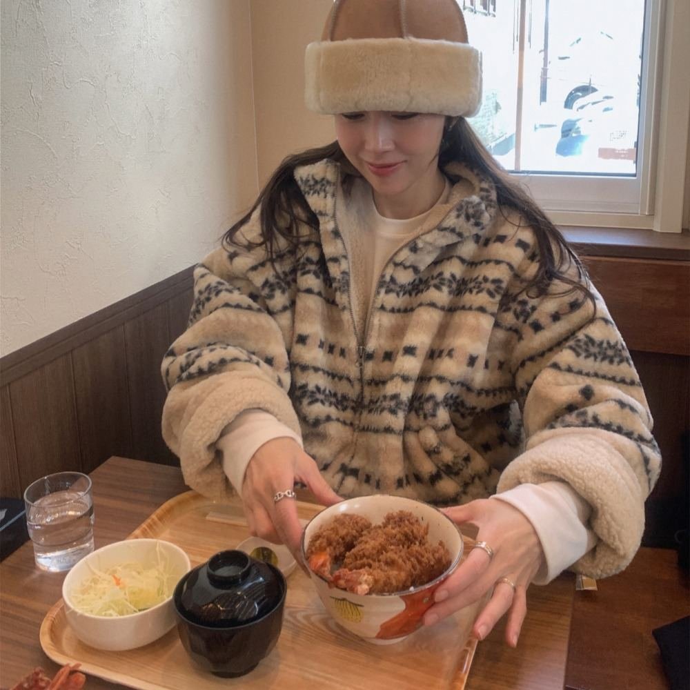 超推荐 INS博主穿搭甜美少女秋冬双头拉链撞色抓绒保暖外套棉衣