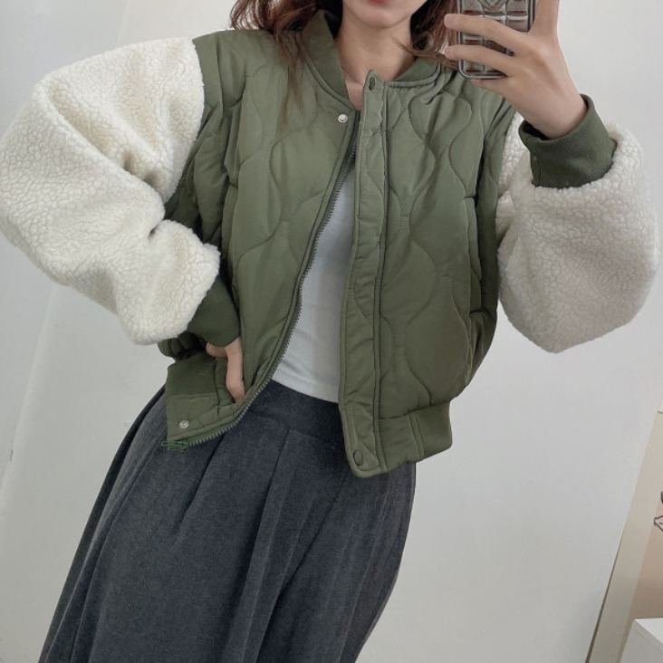 设计感撞色拼接羊羔毛棉服外套女冬季新款波浪压纹短款棒球服上衣