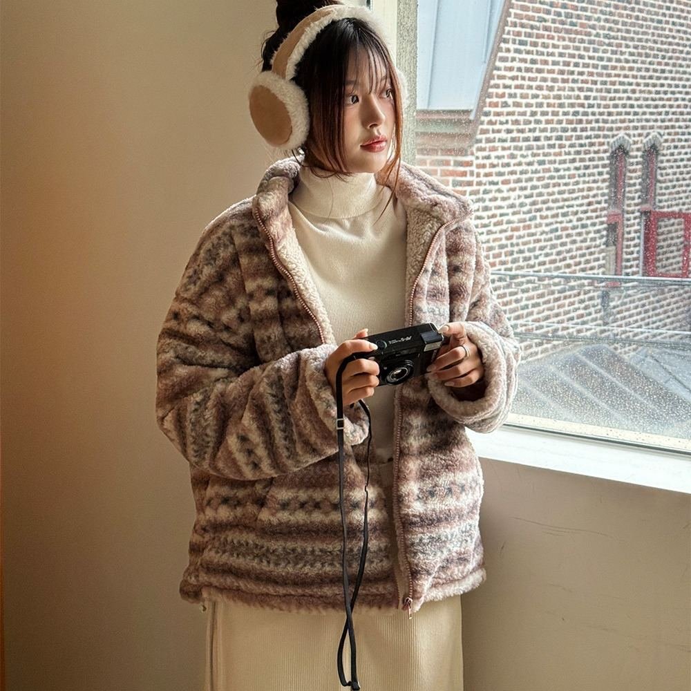 复古北欧风费尔岛提花羊羔绒卫衣外套女2025冬季新款百搭保暖棉衣