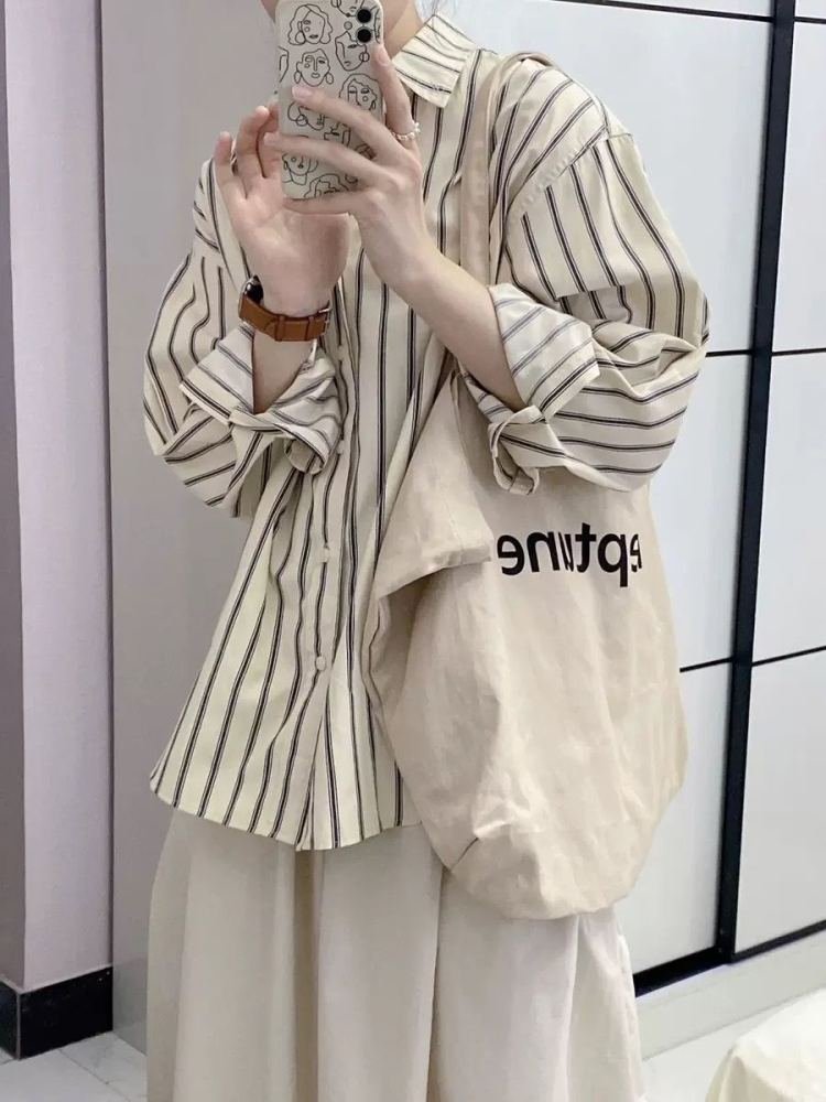 韩系条纹防晒衬衫外套女早春2026新款宽松法式上衣设计感小众衬衣