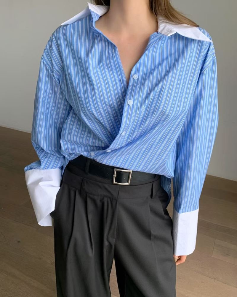 已出货 慵懒休闲风条纹设计感撞色拼接翻领宽松百搭长袖衬衫 三色