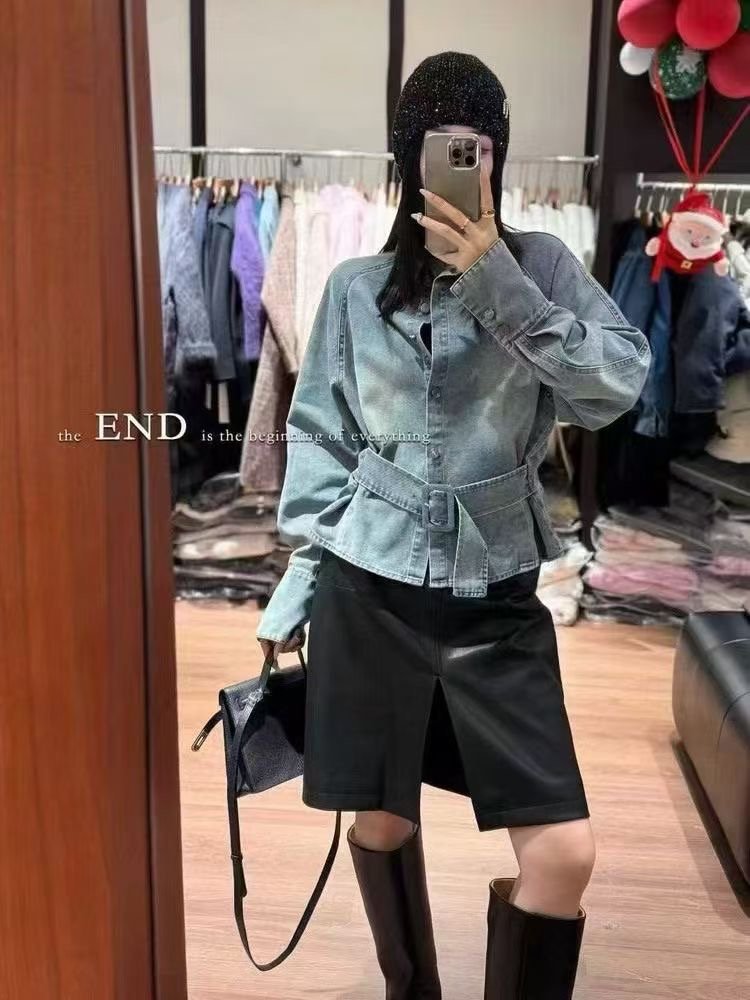 高端女装2026早春新款欧货高级灰复古收腰腰带牛仔衬衫