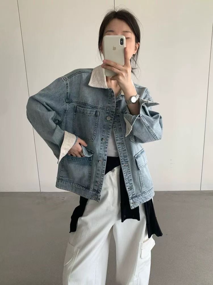 春装新款撞色拼接翻领宽松休闲复古水洗牛仔外套女