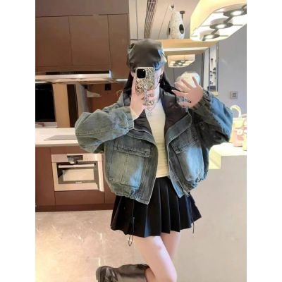 韩版休闲牛仔拼接连帽短款厚外套两穿冬季新款面包服女潮