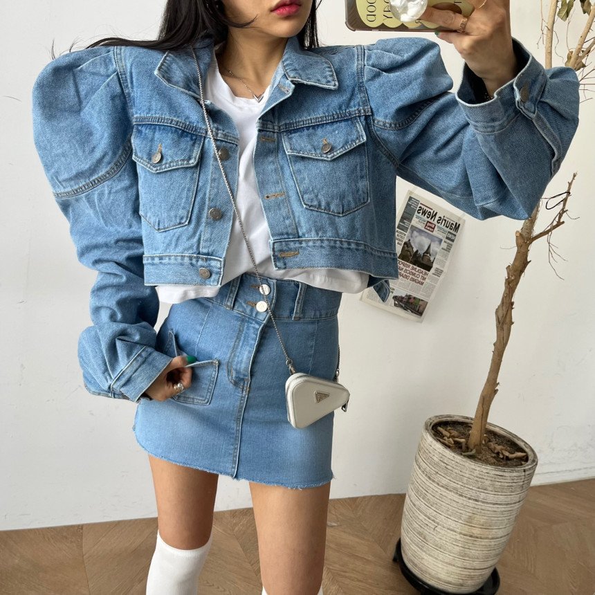现 新品女装 泡泡袖长袖短款牛仔外套上衣