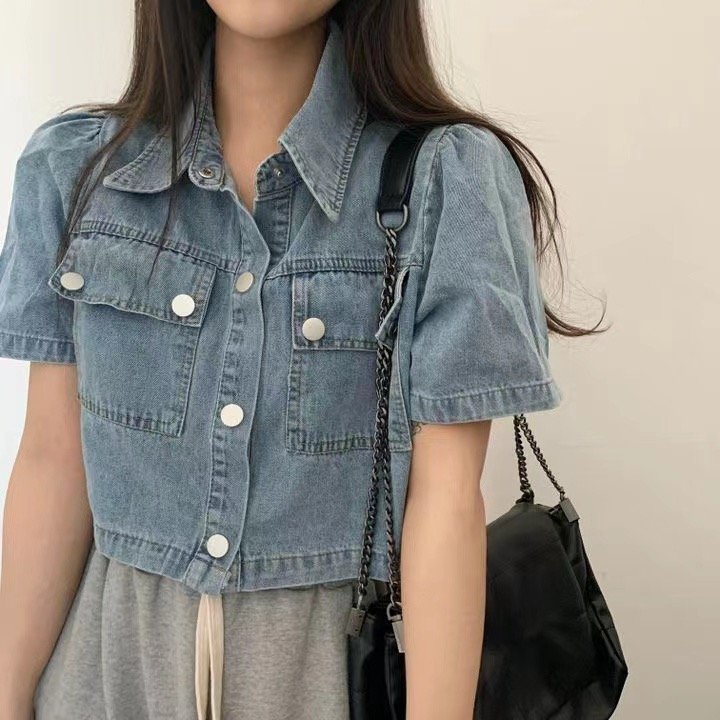 有货 chic 韩版翻领双口袋牛仔短外套短袖上衣