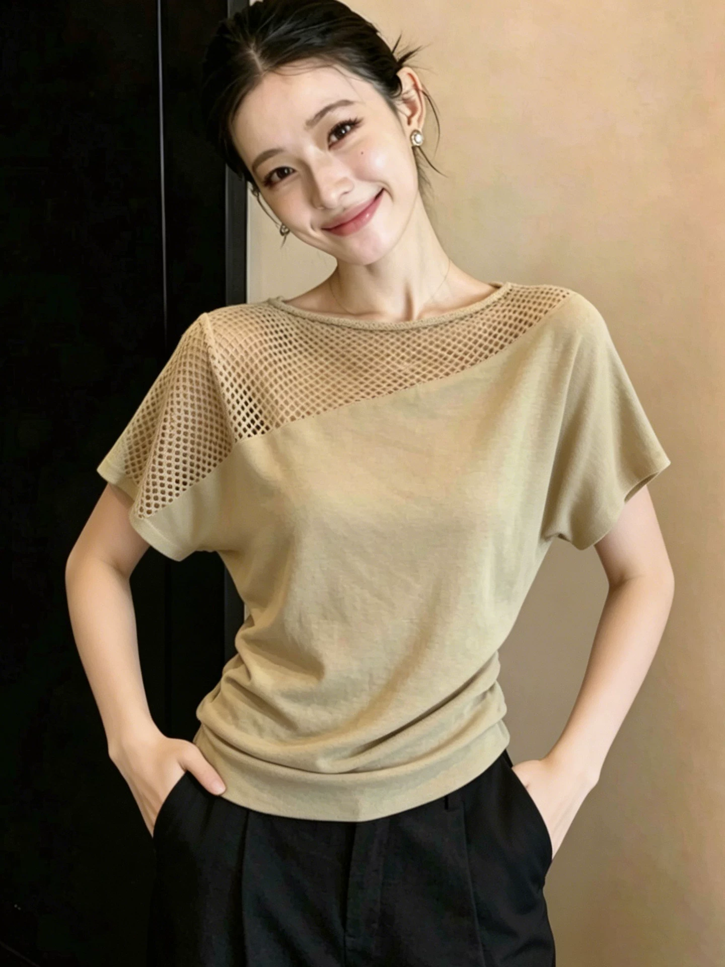 网格拼接针织短袖T恤女夏季薄款高级感小众不撞款设计感上衣