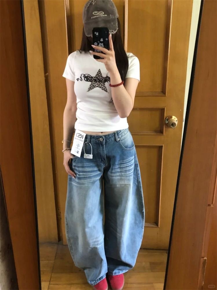 美式复古口袋刺绣弯刀牛仔裤女2026新款低腰宽松显瘦阔腿拖地裤